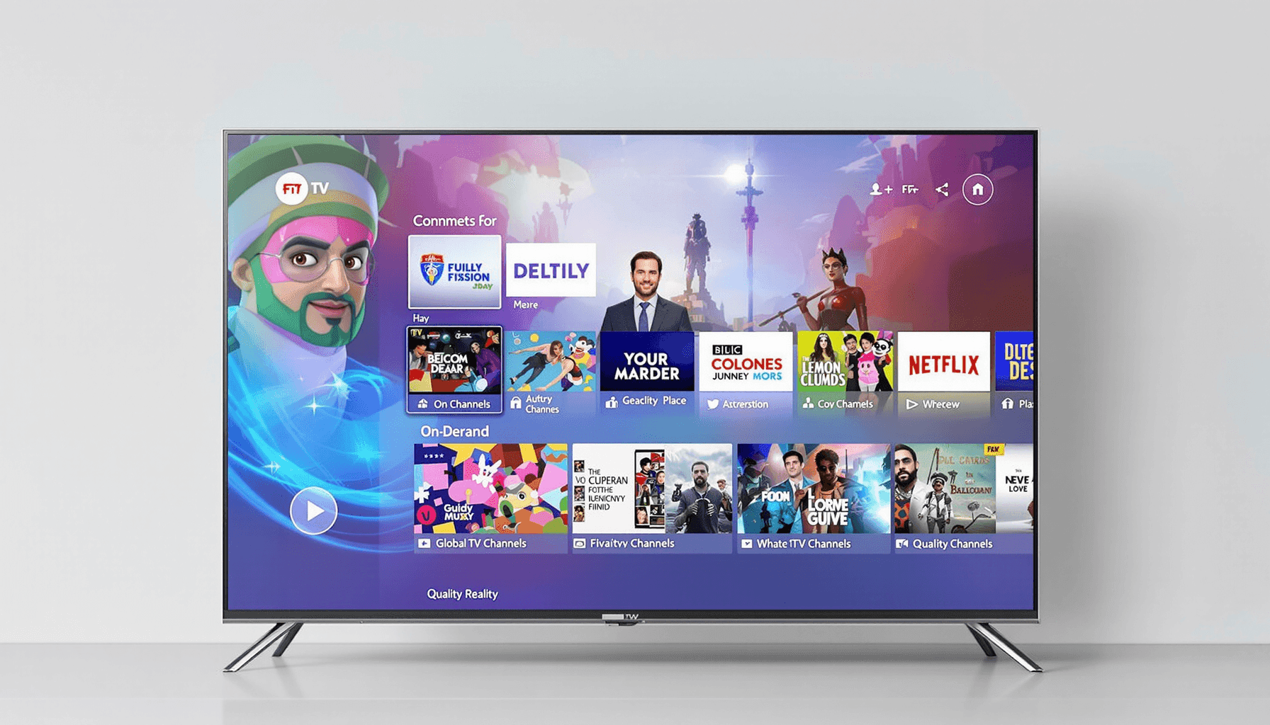 Why IPTV Prime Is a Top Streaming Choice in 2025 1 Smart TV screen showing a vibrant digital streaming interface with various global TV channels and on-demand content thumbnails.